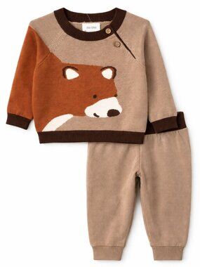 NWT Okie Dokie 12M Baby Boy 2-Piece Bear Sweater Set Knit Outfit Brown Tan